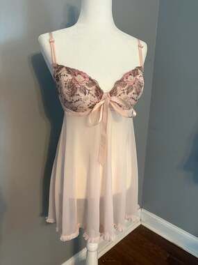Enchanted Pink Sheer Babydoll Lingerie Chemise with Floral Embroidery and Satin